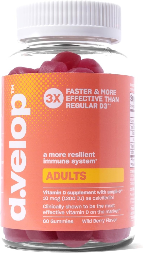 d.velop Vitamin D Gummies for Adults - 1200 IU, 10 mcg – High Potency Vitamin D3 Gummies -Immune Support, Bone & Heart Health – 3X Faster & More Effective – New Formula, Wild Berry Flavor 60 Count