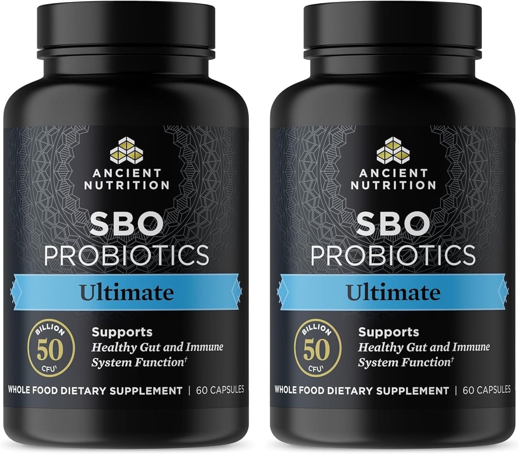 Probióticos de nutrición antiguos, Probióticos SBO Ultimate 50 millones de UC*/Serving, Digestive e Immune Support, Gluten Free, antiguos Superfoods Blend, Srink-Wrapped 60 cápsulas (2 Pack)