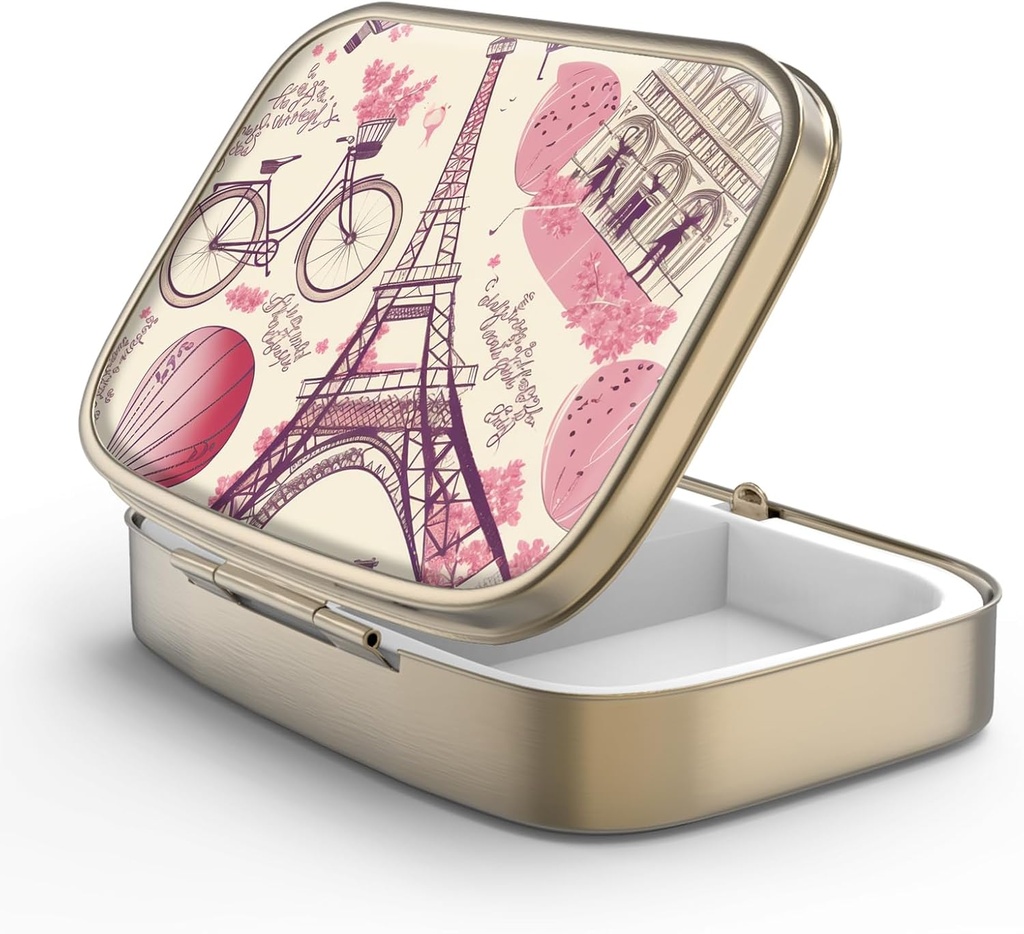 Pill Case Pill Box with Mirror Retro 2 Compartment Small Pill Case for Purse or Pocket Bronze Rectangular Pill Box or Vitamins, Fish Oil, Supplements, Pill Containe Travel Gifts(Paris Eiffel Tower)