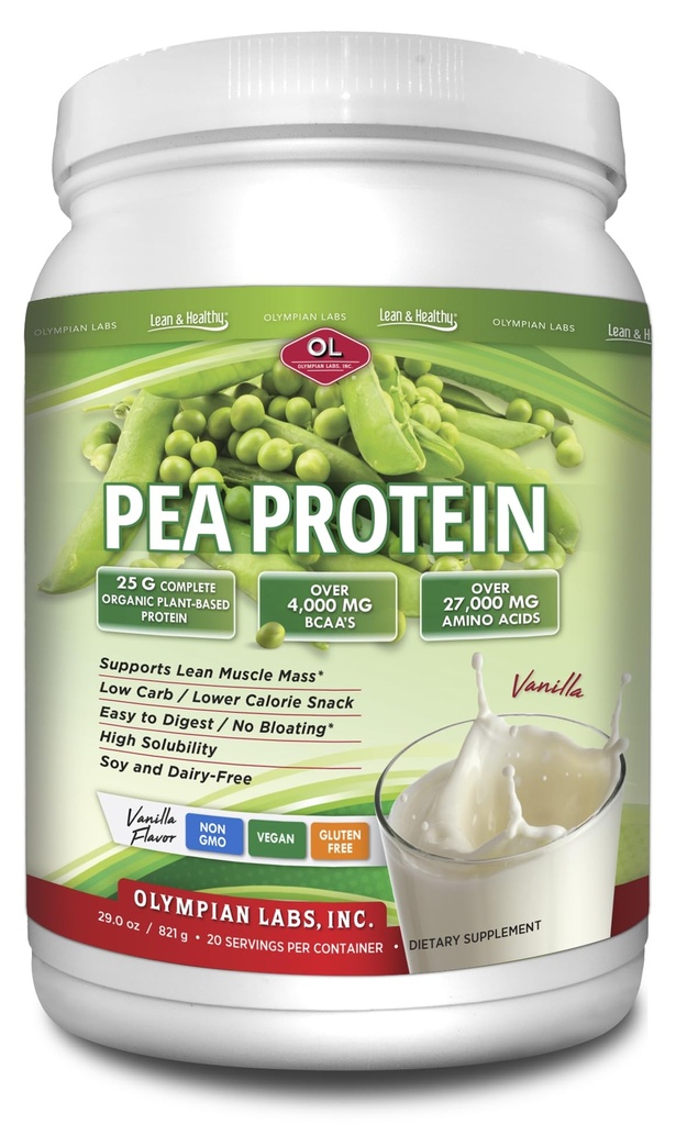 Olympian Labs Plant Based Pea Protein Powder, Vanilla - 25g of Protein, Vegan, Low Net Carbs, Gluten Free, Lactose Free, No Sugar Added, Soy Free, Non-GMO, 2 Pound Pea Protein