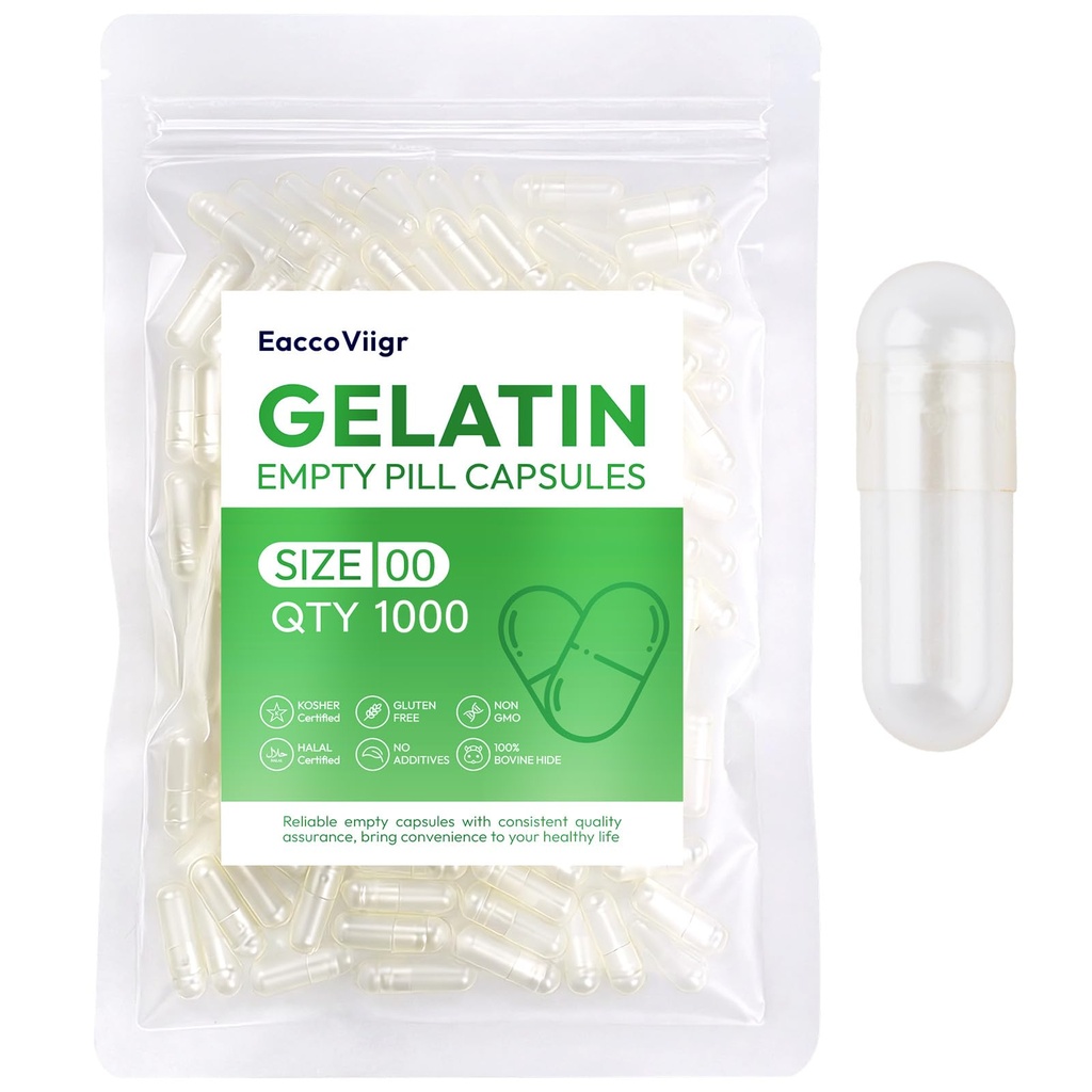 Size 00 Gelatin Empty Capsules - 1000 Count Clear Empty Pill Capsules, Fillable Empty Gel Capsule for Homemade Vitamins & Powders, Easy for DIY Supplements