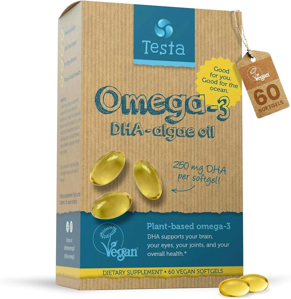 Testa Omega 3 Suplemento - 250mg DHA de Algae Oil - Vegan Omega 3 - Apoya Cerebro, Ojo &amp; Salud Conjunta - No de Pescado, Pure Algae Capsules - Dos meses de suministro