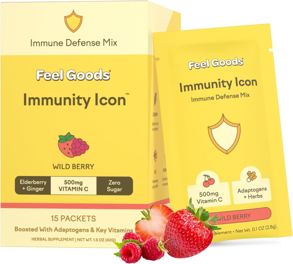 Siente los bienes Icono de inmunidad, Azúcar cero, vitamina C, A, B, D, E " Zinc, Elderberry orgánico, Ashwagandha, Bebida Mix Powder, Vegan, No GMO, Caffeine " Gluten Free ← Wild Berry, 15 Conde