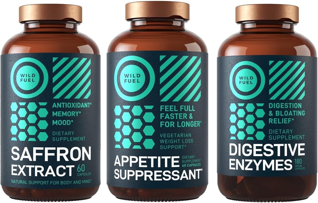WILD FUEL Saffron Extract Capsules, Digestive Enzymes y Appetite Suppressant Dietary Bundle