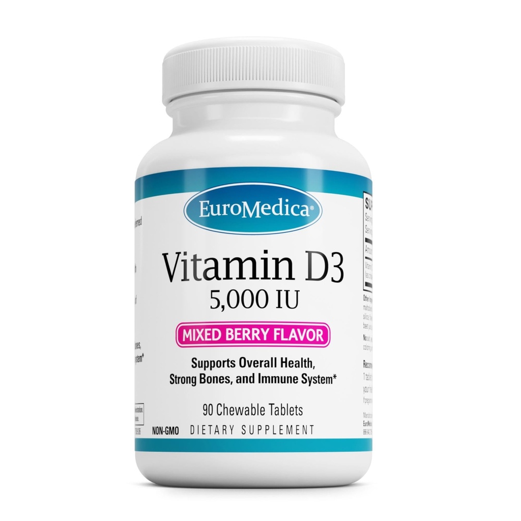 EuroMedica Vitamin D3 - Bone Health & Bone Strength Support Supplement - Dietary Supplement for Immune System & Brain Support - 5,000 IU Vitamin D Tablets with Mixed Berry Flavor - 90 Chewable Tablets