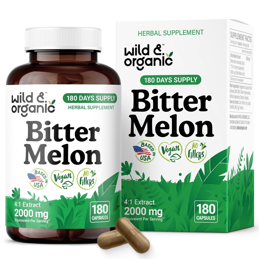Wild & Organic Bitter Melon Capsules 500 mg - Overall & Digestive Support - Bitter Melon Powder Supplement - Momordica Charantia Capsules - Vegan, No Fillers, Non-GMO - 180 Count