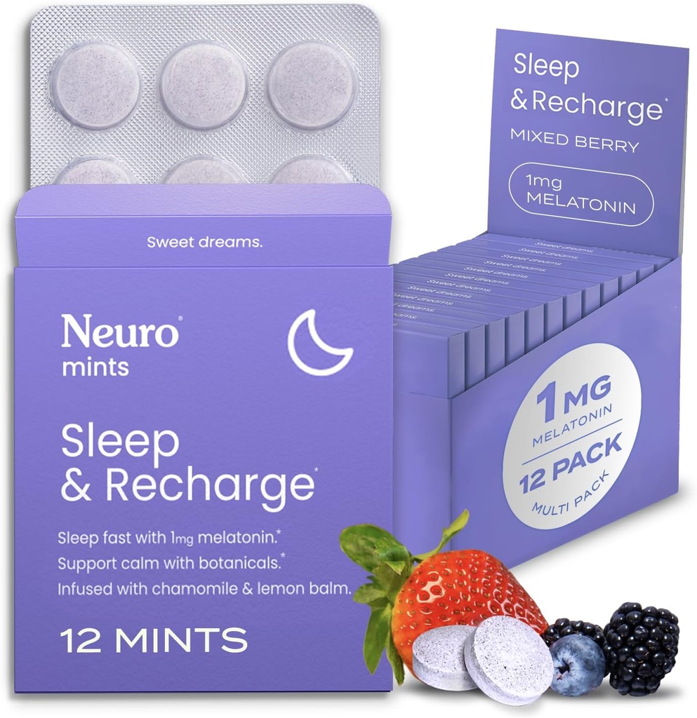 NeuroGum Melatonina 1 mg Mints de Recarga de dormir (144 piezas) - Fast Dissolve Melatonin Azúcar Mints gratis con Lemon Balm &amp; Chamomile for Better Sleep - Suplemento de sueño calma - sabor mixto de baya
