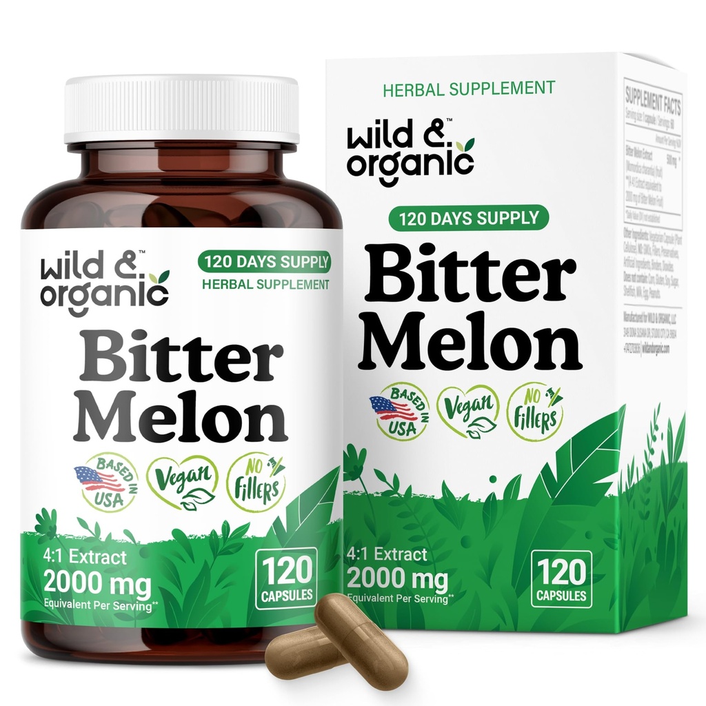 Wild & Organic Bitter Melon Capsules 500 mg - Overall & Digestive Support - Bitter Melon Extract Supplement - Momordica Charantia Capsules - Vegan, No Fillers, Non-GMO - 120 Count