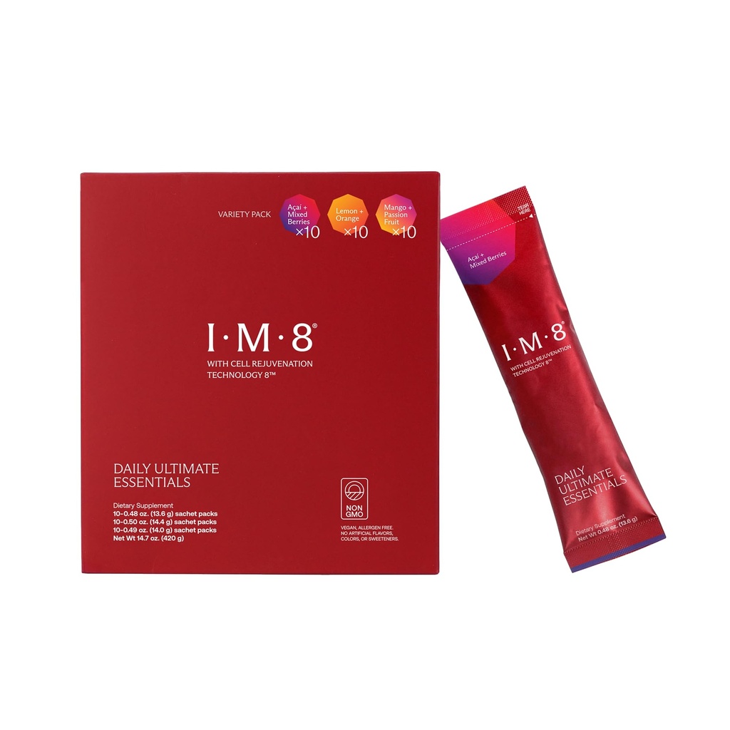 IM8 Daily Ultimate Essentials All-in-One Multivitamin Supplement, 92 Nutrient Rich Ingredients CoQ10, Probiotics, Vitamins, Greens, Gluten Free, Vegan (30 Packets, Variety Pack)