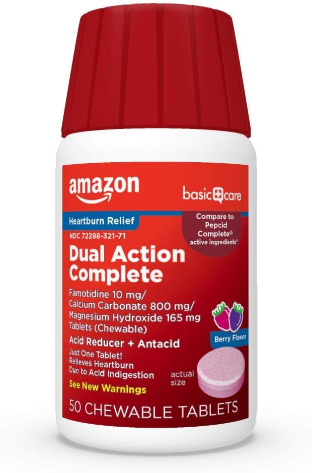 Cuidado básico de doble acción completo, reductor de ácido picable más tabletas de ácido, sabor de Berry, medicina de acidez, alivio de la indigestión ácido, 50 cuenta