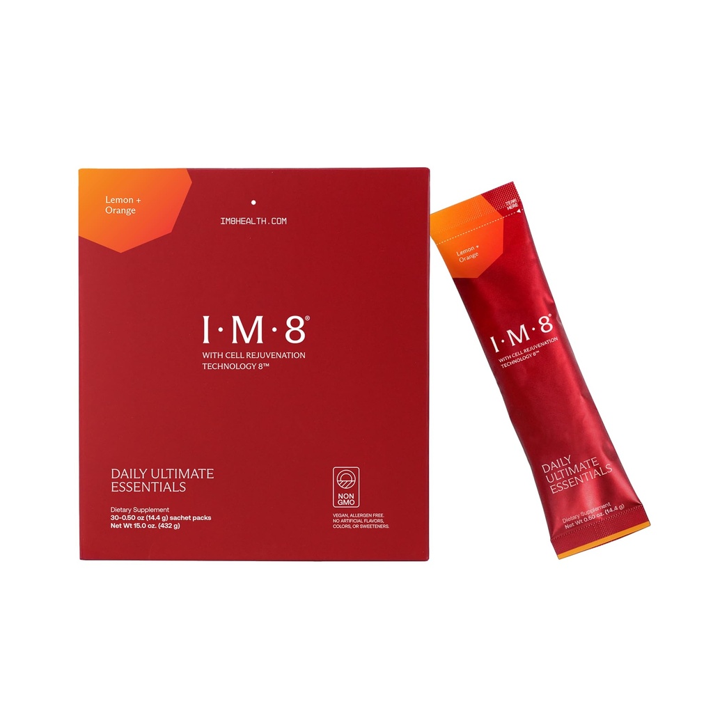 IM8 Daily Ultimate Essentials All-in-One Multivitamin Supplement, 92 Nutrient Rich Ingredients CoQ10, Probiotics, Vitamins, Greens, Gluten Free, Vegan (30 Packets, Lemon & Orange)