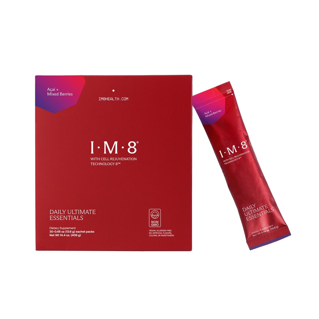 IM8 Daily Ultimate Essentials All-in-One Multivitamin Supplement, 92 Nutrient Rich Ingredients CoQ10, Probiotics, Vitamins, Greens, Gluten Free, Vegan (30 Packets, Acai and Mixed Berries)
