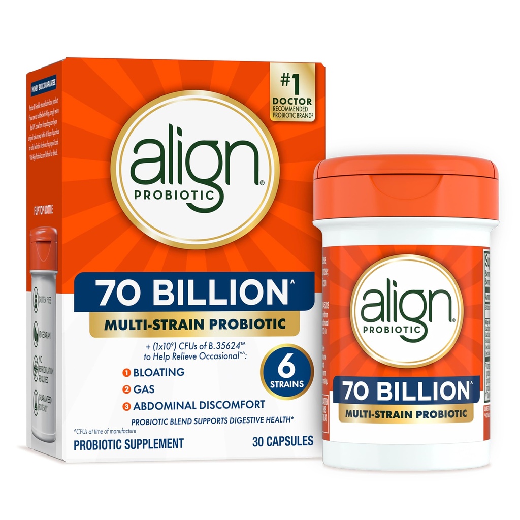 Align Probiotic, 70 Billion CFU, 6 Strain Blend, Probiotics for Women and Men, Daily Probiotics for Digestive Health, Helps Relieve Occasional Bloating & Gas 30 Capsules