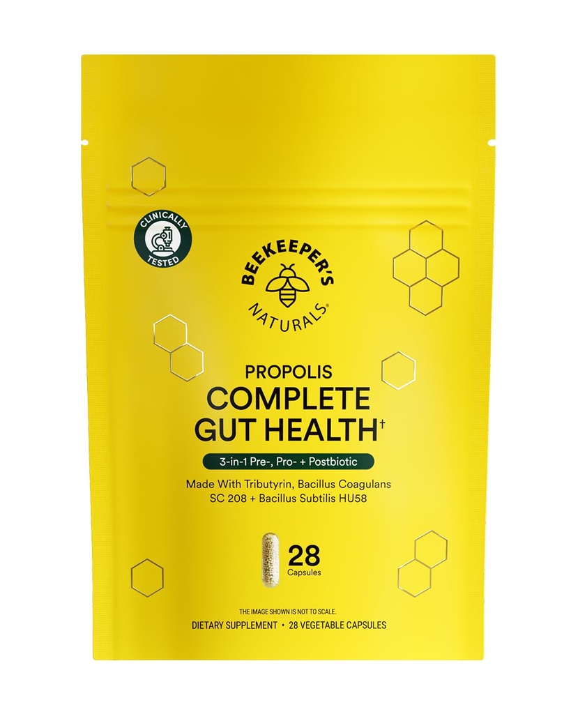 Beekeeper's Naturals Complete Gut Health, 3-in-1 Prebiotic, Postbiotic, Probiotics for Digestive Health & Bloating Relief for Women & Men, Propolis Powered, Gluten-Free Vegan Capsules, 28ct