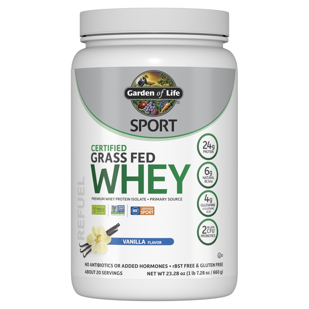Garden of Life Sport Grass Fed Whey Protein Powder – 24g Whey Protein Isolate for Women & Men with Probiotics & Glutamine,Non-GMO, Gluten-Free,Cold-Processed, Vanilla Flavor, 20 Servings, (Pack of 6)