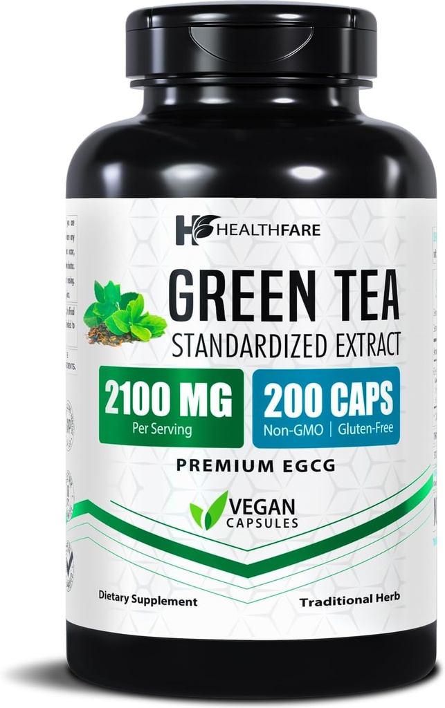 Healthfare Green Tea Extract Pills 2100mg ← Suplemento Estándarizado con EGCG & Polyphenols  200 Vegan Capsules ← Extra Strength Antioxidant Support ← Non-GMO, Gluten-Free TEN Made in USA