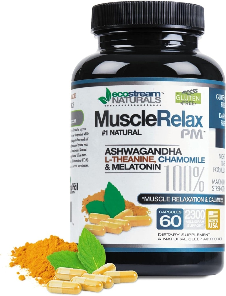Natural Night-Time Support Muscle Relax PM - Más de 2.300 Milligrams Strength - Ease Night Time Capsules Descanse con Magnesium, Ashwaganha, Valerian, Passion Flower