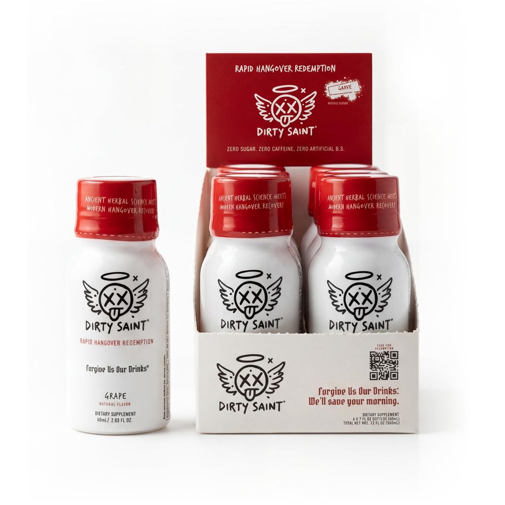 DIRTY SAINT Hangover Recovery Shot | 16 Functional Ingredients | Hovenia Dulcis, Glutathione, NAC, Milk Thistle | Feel Human in 1 Hour | Zero Sugar, Zero Caffeine | Natural Grape | 2oz (6-Pack)