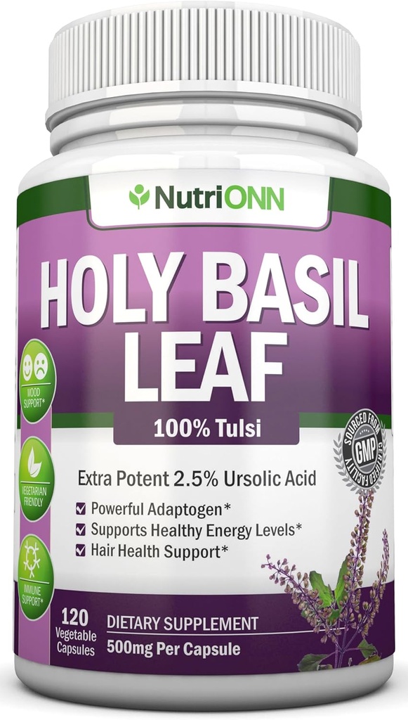 Hoja de Basil Capsules - 500mg - 2.5% Ácido ursolico - 120 cápsulas Vegan - Suplemento Extracto Real de Tulsi - Mente Positiva - Herb Adaptogénico &amp; Ayurvédico