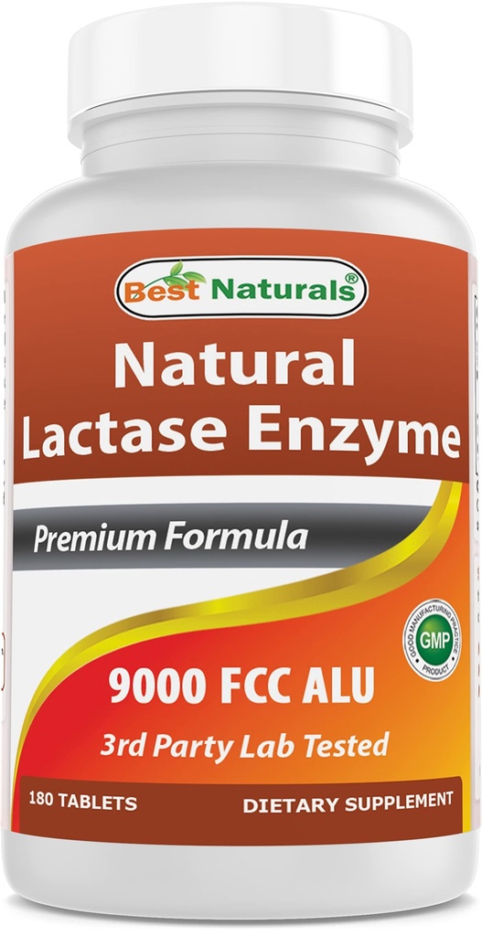 Best Naturals Lactose Intolerance Relief Tablets with Natural Lactase Enzyme, Fast Acting High Potency Lactase, 9000 FCC ALU, 180 Count