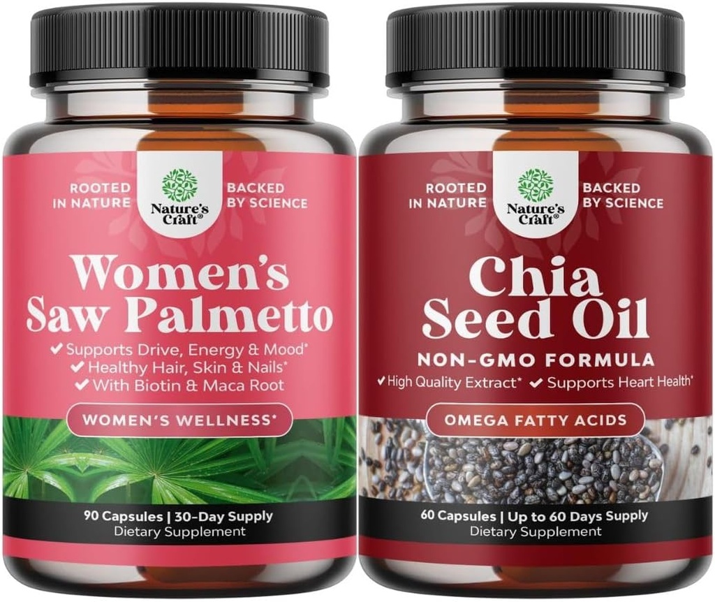 Bundle of Extra Strength Saw Palmetto for Women and Chia Seed Oil Extract Capsules - Más fuerte Thicker Faster Hair Growth Vitaminas - Plant Based Omega 3 6 9 Suplemento y cápsulas de fibra diaria