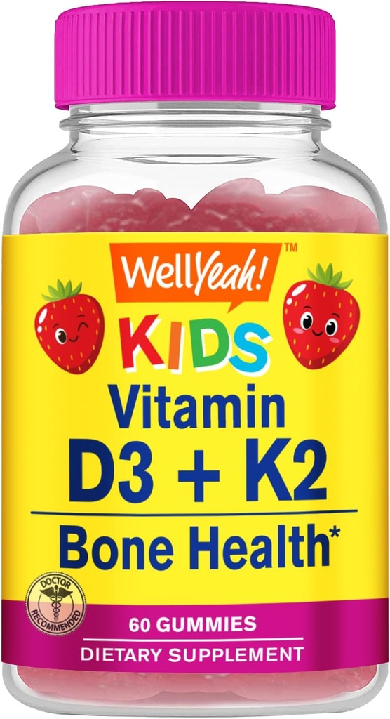 BuenoSí Vitamina D3 + K2 para Gummies Infantiles - Vitamina D3 1000 UI, K2 100 MCG - Soporte para la salud ósea y muscular, sabores naturales, GMO Gratis, Gluten Gratis, Vegan - K2 D3 Suplemento vitamina- 60 Gummies