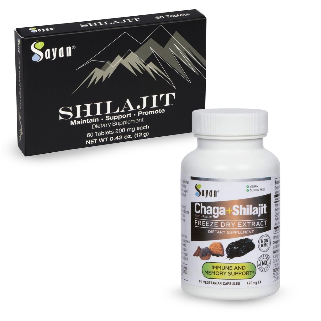 Sayan Shilajit Pure Organic Black Resin Mineral Tablets (60 ct.) & Siberian Chaga Mushroom Extract Capsules (90 ct.) Immune Boost Bundle - Supplement for Natural Detox, Energy, & Antioxidant Support