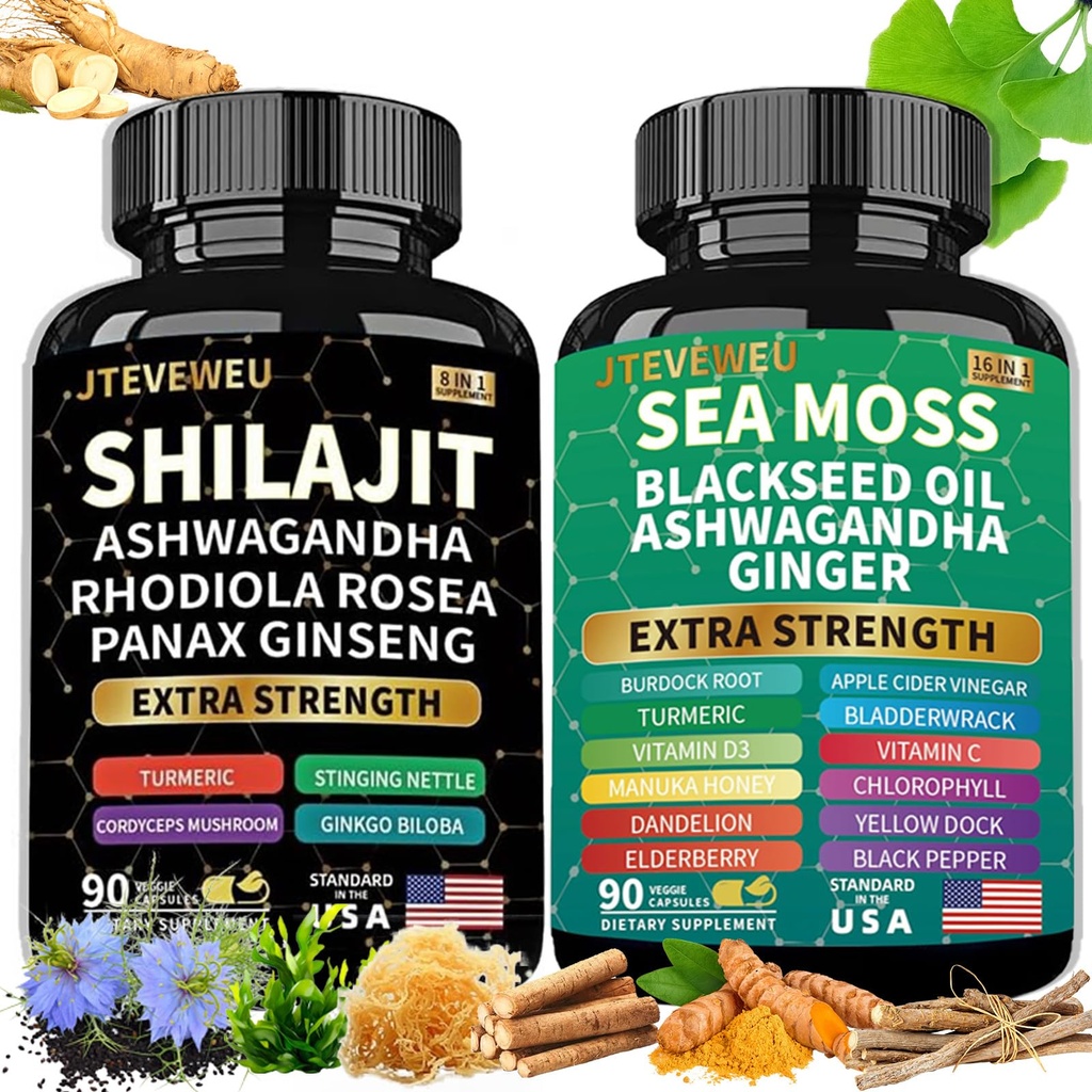 Shilajit and Sea Moss Bundle- 90 Count - Sea Moss, Ashwagandha, Shilajit, Rhodiola Rosea & Ginger, All in 1 Supplements