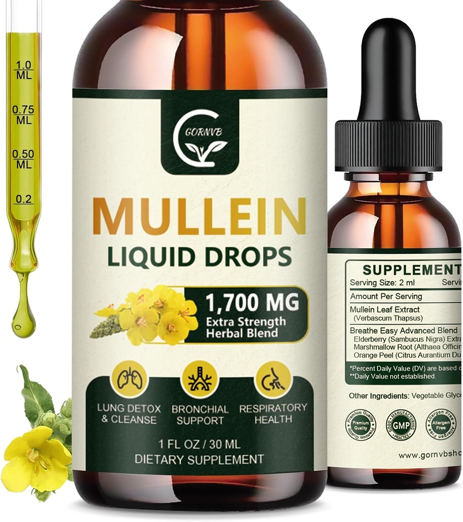 (2 Pack) Mullein Drops for Lungs - Lungs Cleanse and Respiratory Support, Powerful 4 in 1 Mullein Leaf Extract with Elderberry, Marshmallow Root and Orange Peel for Bronchial Support, 1 Fl Oz