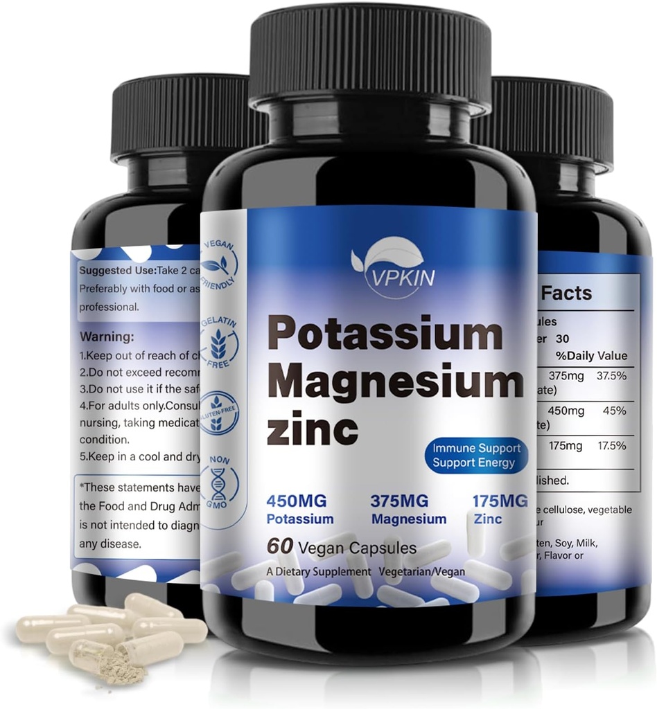 Potasio Magnesio Suplemento 1000mg,Magnesium Potassium Zinc for Leg Cramps,High Absorption Magnesium Complex,Vegan (60 cápsulas)