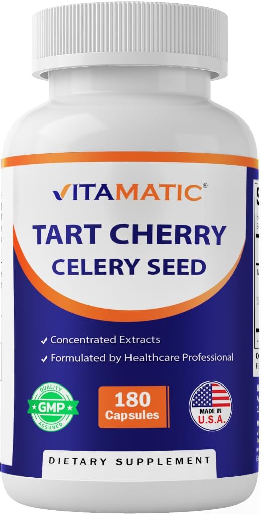 Vitamatic Tart Cherry 20X Extract with Celery Seed 10X Concentrated Extracts - 180 Veg Capsules - Vegetarian, Non-GMO, and Gluten Free