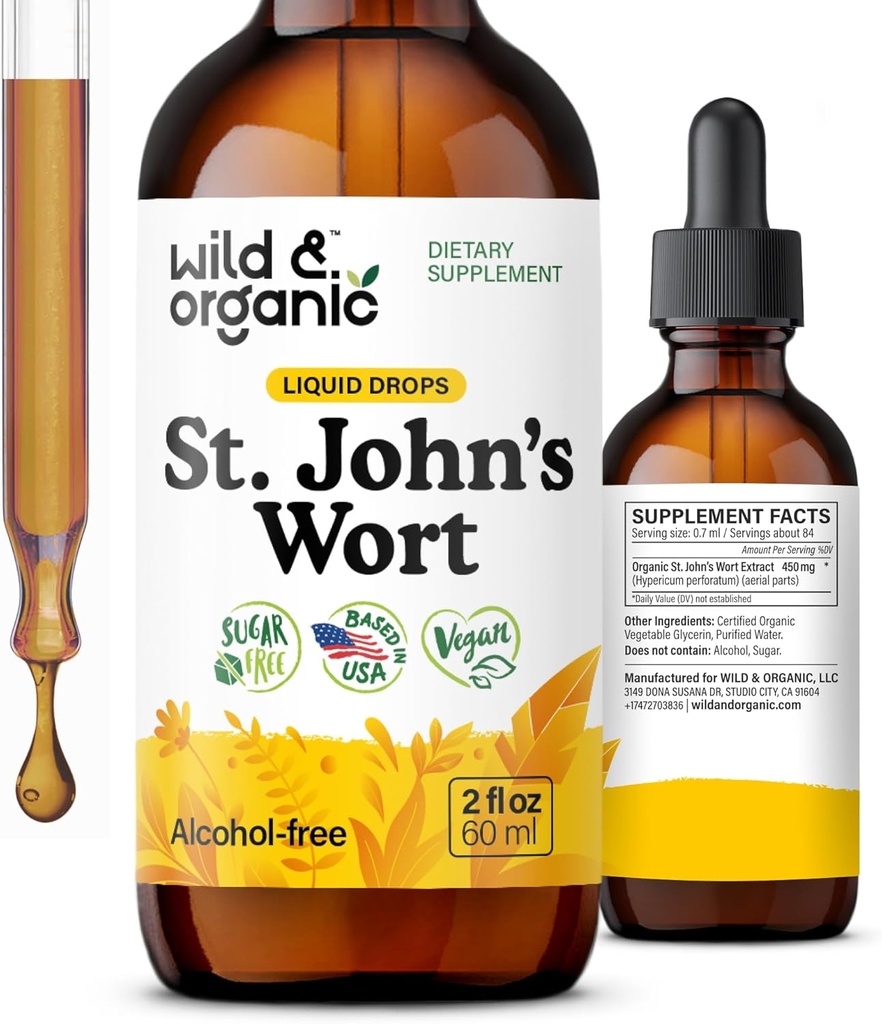 Wild & Organic St Johns Wort Tincture - Mood Support - Relaxing St. John's Wort Suplemento - Liquid Hypericum Perforatum Herb Drops - Vegan, Sugar &amp; Alcohol-Free - 2 fl oz