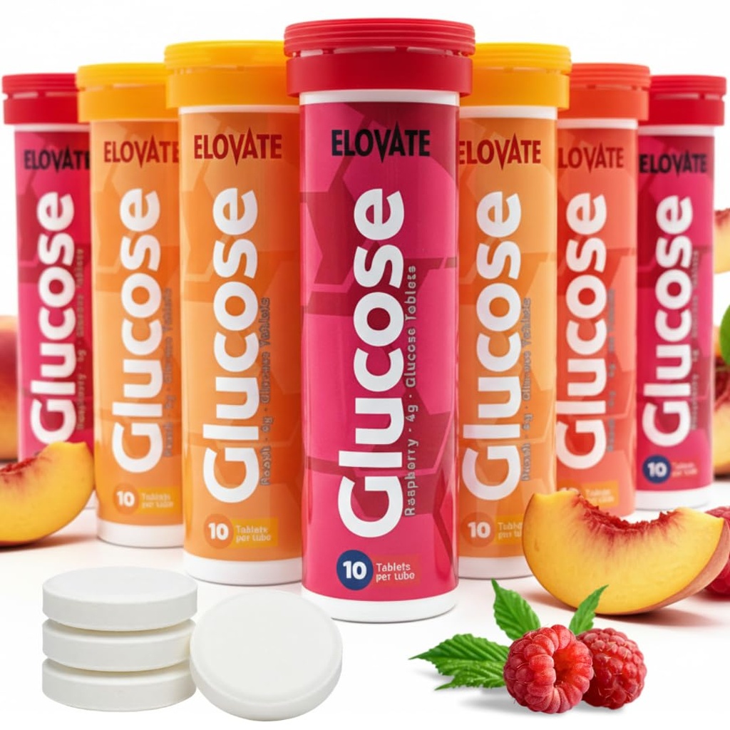 ELOVATE Fast Acting Glucose Tablets, Peach & Raspberry Variety – for Low Energy, 15g Per Serving, Chewable, Gluten Free – 8 Tubes (80 Count, Multiflavor)
