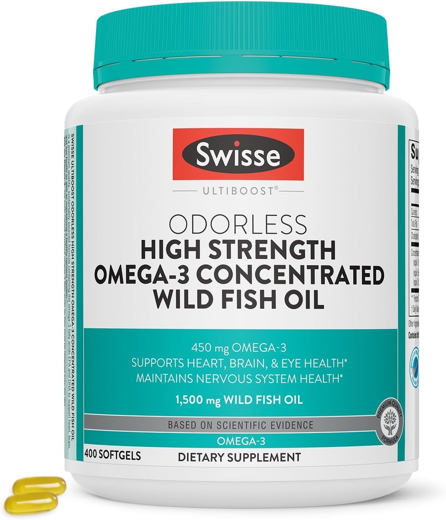 Swisse Wild Fish Oil Omega 3 Supplements for Women and Men | EPA DHA Fish Oil Supplements | Odorless - Helps Support Brain, Eye and Heart Health | High Strength 1500 mg | 400 Softgel Pills