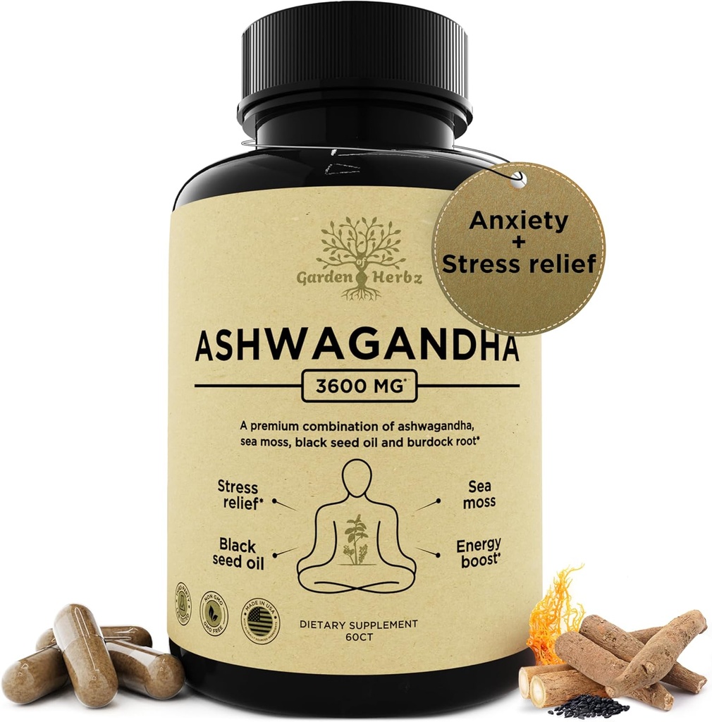 Organic Ashwagandha Root & Irish Sea Moss – 3.600 mg Ashwagandha Suplemento con Black Seed Oil, " Burdock Root – Herbal Supplement for Energy, Stress Relief, Extra Strength, 60 Caps