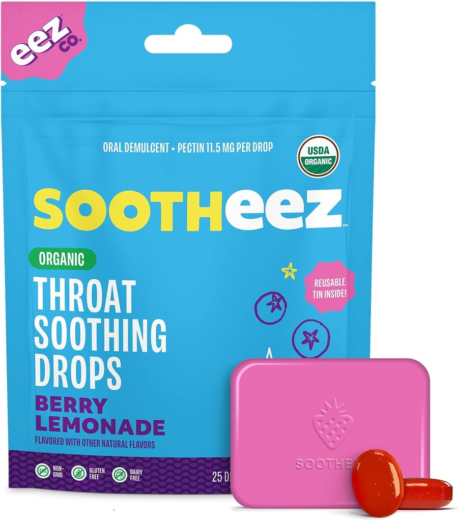 Sootheez Orgánica de Gargantillas para Adultos, Berry Lemonade, 25 Conde, Refillable, Grandes gotas de corte que Sooth Sore Throats