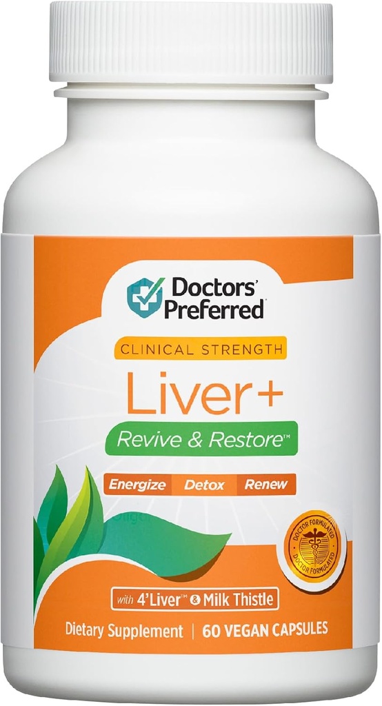 DOCTORS' PREFERRED Liver+ Revive & Restore 10-in-1 Fórmula con validación clínica 4'Liver y Milk Thistle ← 60 Capsules