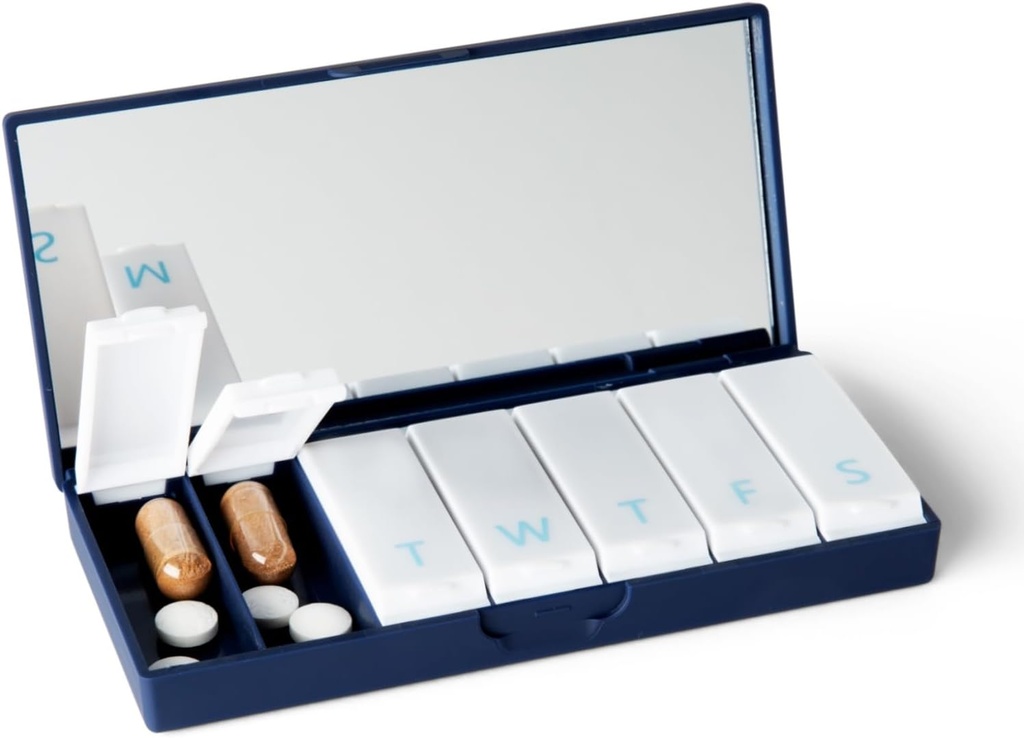 PORT X POLISH Designer Weekly Pill Box Organizer (Single 1X Daily, Navy) Silencio Compacto, Estilizado 7-Day Vitamin Supplement Case ← Cute Portable Mini Travel Medicine Carrier ← BPA-Free Pillbox Caddy