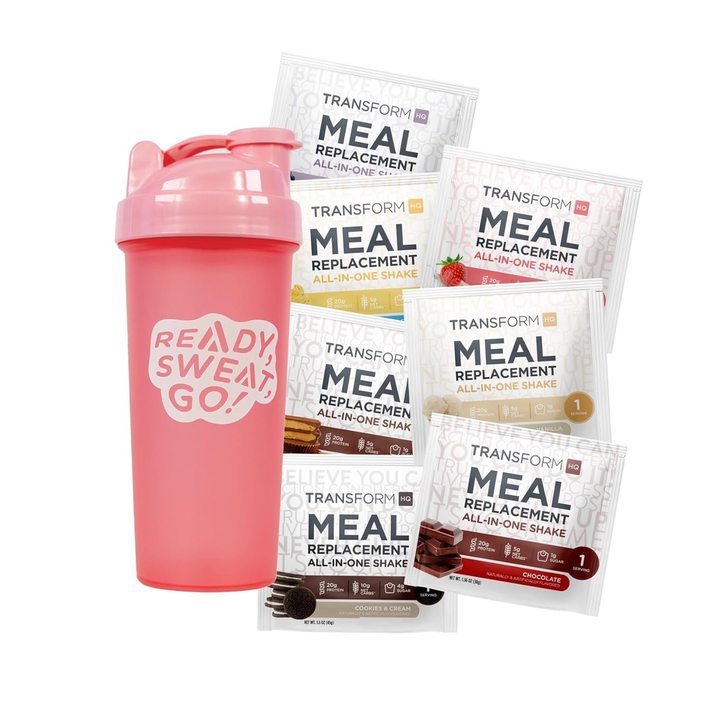 TransformHQ Meal Replacement Shake Variety Box Con Pink Shaker, 7 Single-Serving Shake Packs