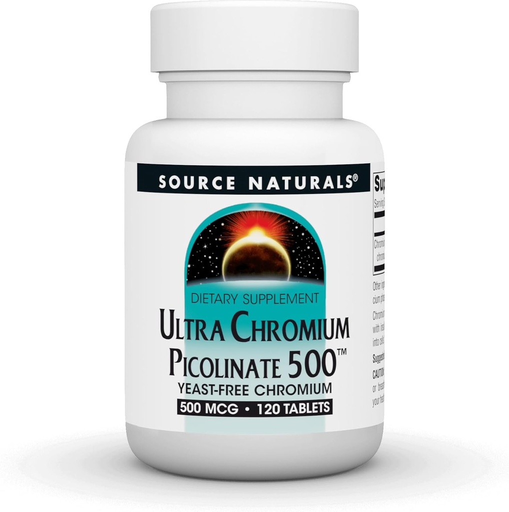 Fuente Naturales Picolinato Ultra Chromium 500 sin levadura Cromo, Suplemento dietético vegetariano, 500 mcg - 120 Tabletas