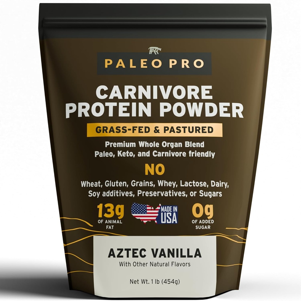 PaleoPro Carnivore Complete (Aztec Vanilla) Pastured &amp; Cage-Free Protein, Grass-Fed Beef Tallow, Beef Organs TEN No Sugar, Soy, Grains o Net Carbs TEN Gluten Free. Paleo & Keto Macros (15 Servings)