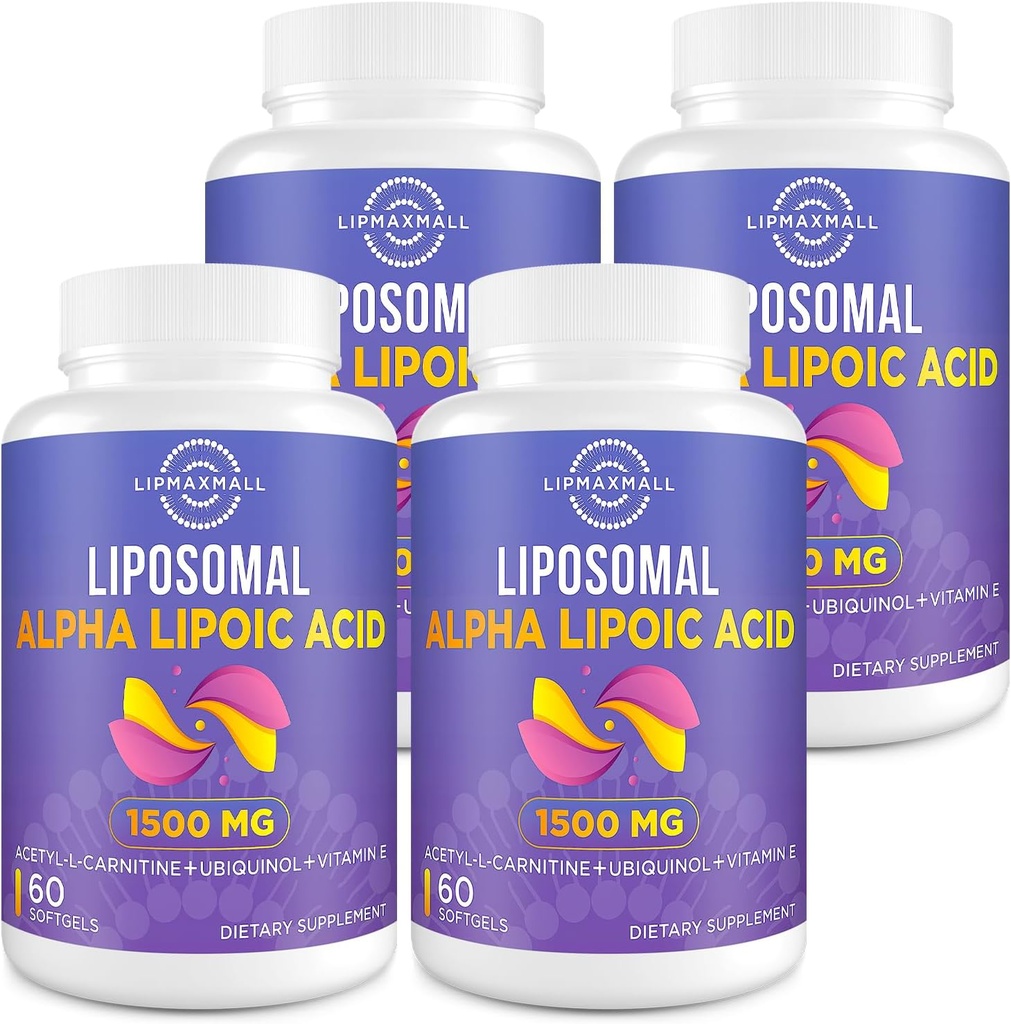 Liposomal Alpha Lipoic Acid 1500mg - con Acetyl-L-Carnitine 900mg & Ubiquinol 100mg &amp; Vitamin E 15mg,ALA Suplemento para Antioxidantes Glucose Metabolism Nerve Energy,60 Softgels (4 Bottle)