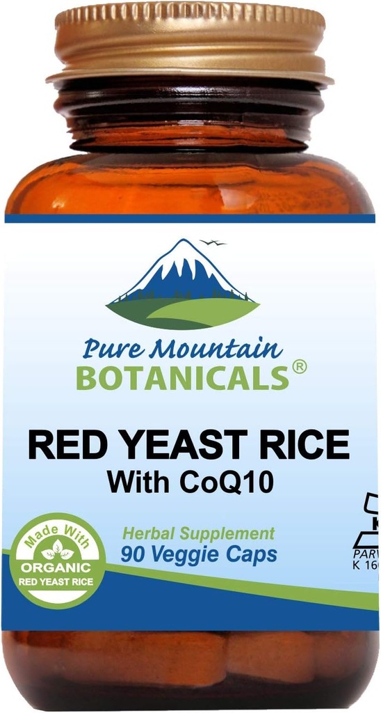 Pure Mountain Botanicals Red Yeast Rice with CoQ10 90 Kosher Vegan Capsules Ahora con 600 mg de levadura de arroz rojo orgánico Plus Co Q 10