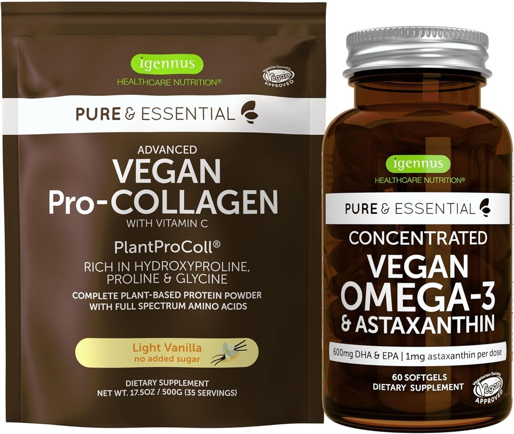 Vegan Vanilla Collagen Protein Powder & Vegan Omega-3 Bundle, Collagen Completa Boosting Fórmula " Alga Sostenible Oil 1340mg, por Igennus