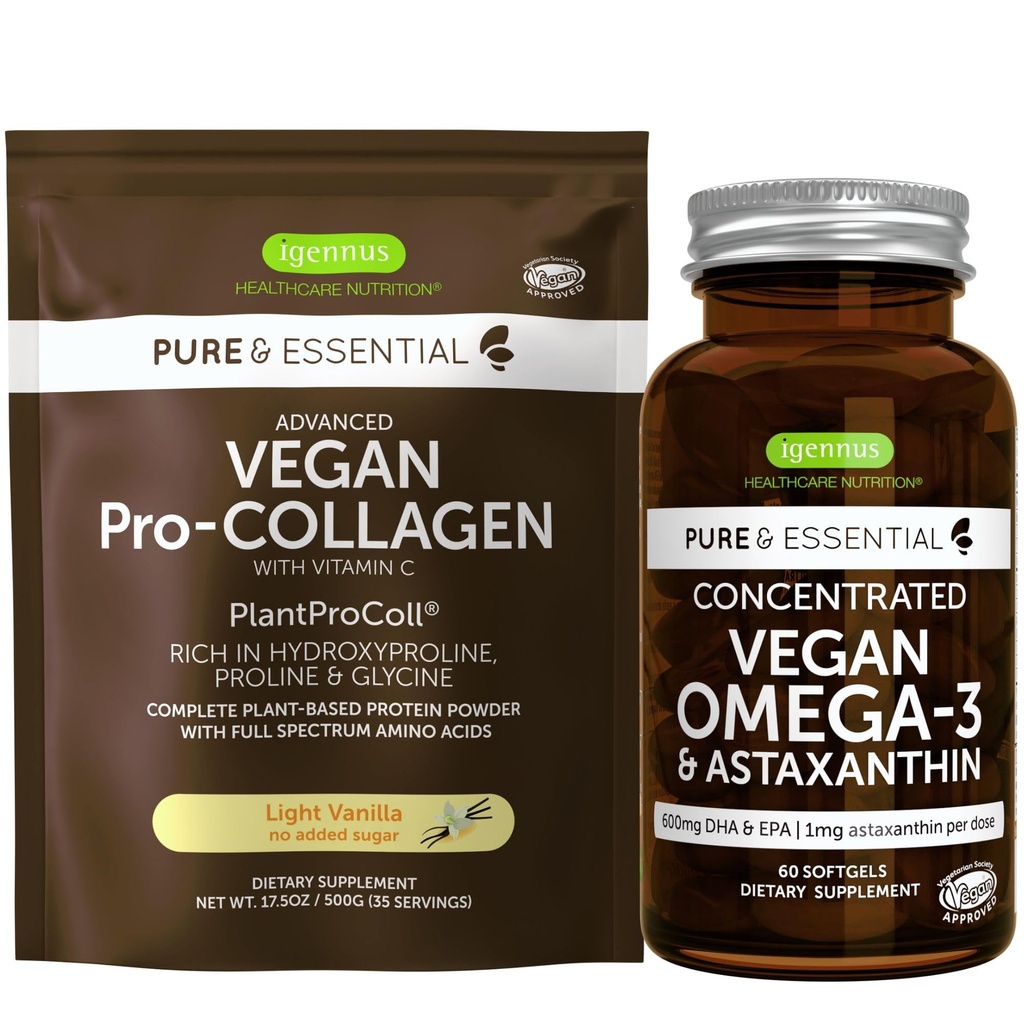 Vegan Vanilla Collagen Protein Powder & Vegan Omega-3 Bundle, Complete Collagen Boosting Formula & Sustainable Algae Oil 1340mg, by Igennus