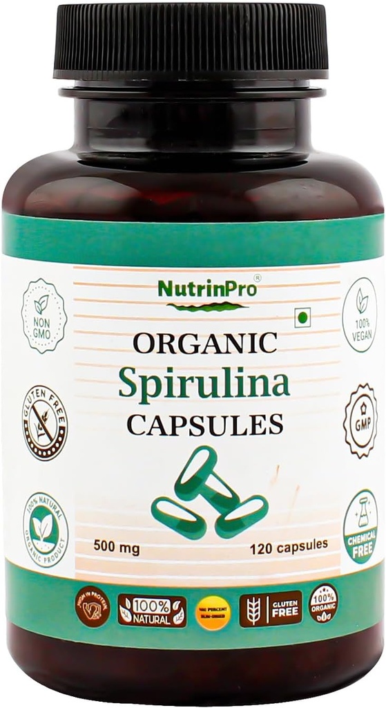 USDA Organic Spirulina Capsules - 100% Puro Vegan Suplemento, No GMO, Libre de gluten, Libre de Productos Químicos, (120)