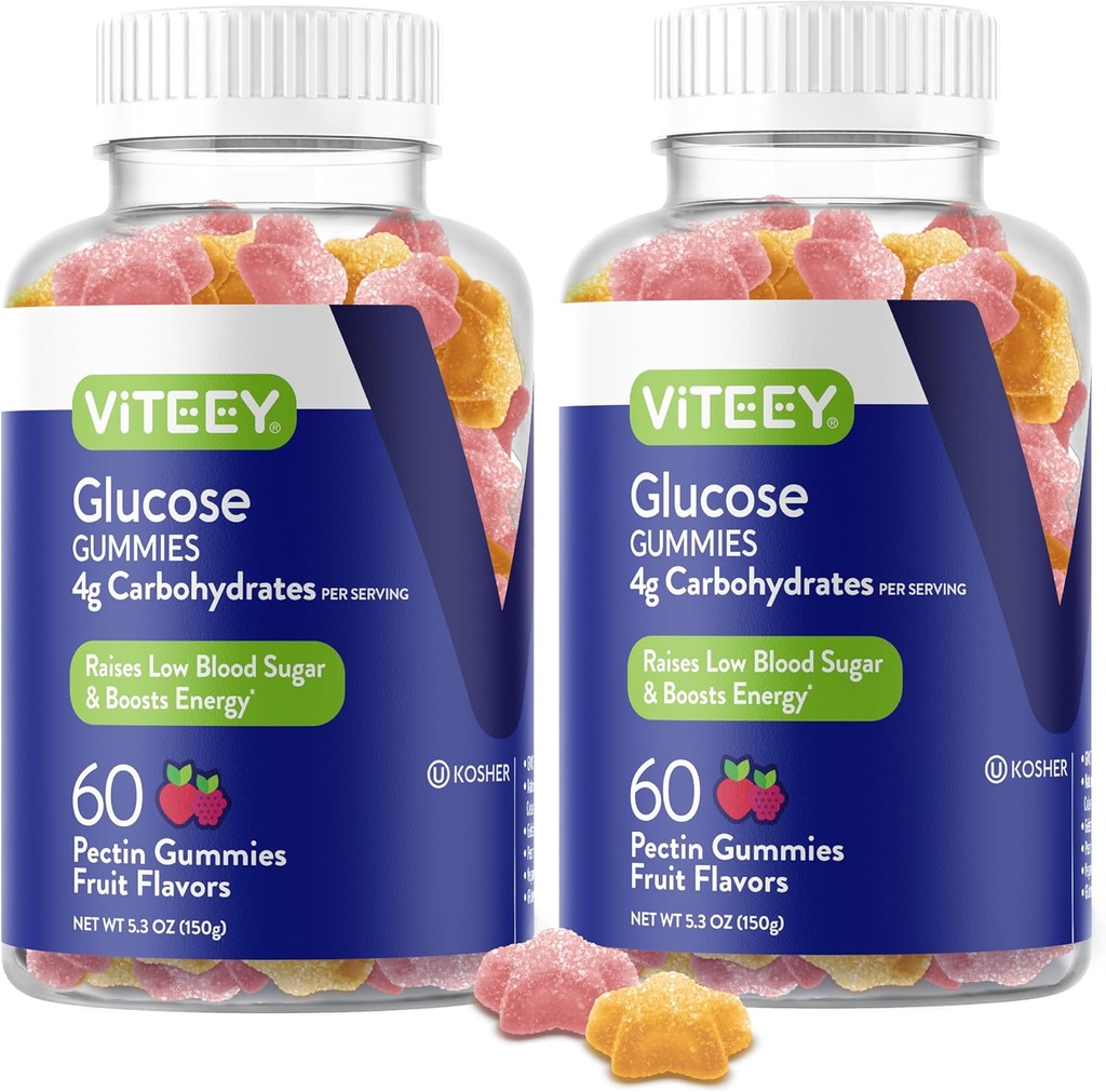 Viteey Glucose Gummies - 4g de Carbohidratos - Fast Acting Alternative to Glucose Tablets - Energy and Blood Sugar Support - Vegan, Gluten Free, Gelatin Free - 120 Count