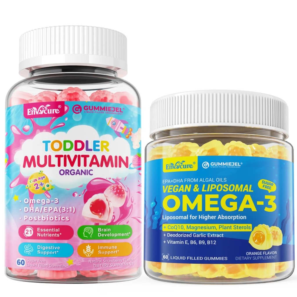Vegan Omega-3 Gummies 1000mg + CoQ10 + Magnesium + Organic Toddler Multivitamin Gummies + Omega-3 (DHA/EPA) 2pack