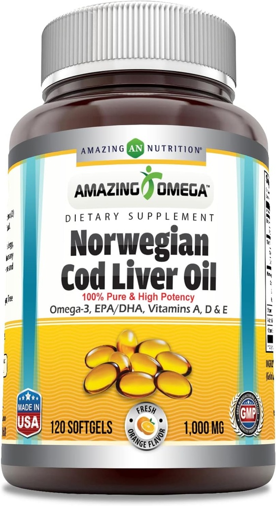 Increíble Omega Norwegian Cod Liver Oil (Omega-3, EPA/DHA) Suplemento TEN 1000 Mg Por Serving TEN 120 Softgels TEN Orange Flavor ANTE NO GMO ANTE Gluten-Free TEN Made in USA
