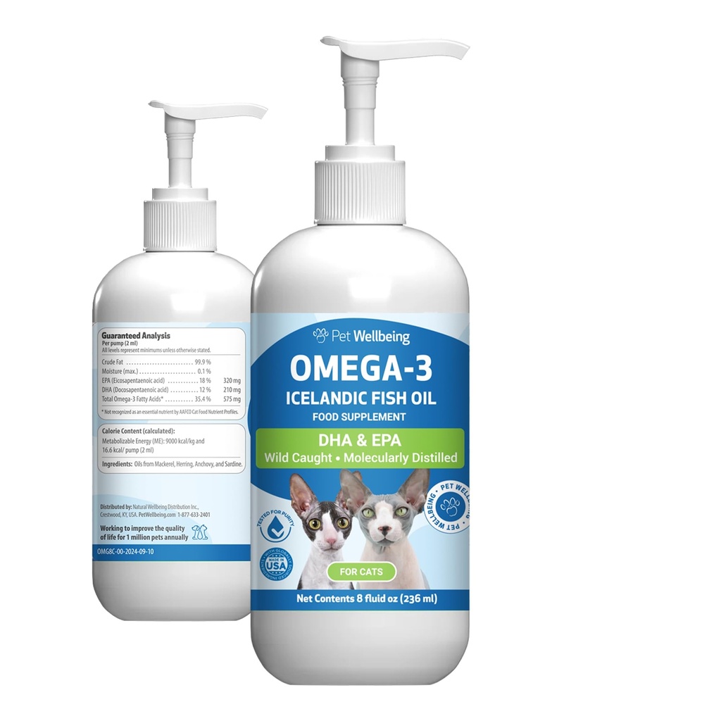 Pet Wellbeing Omega-3 Icelandic Fish Oil for Cats - Wild-Caught, Cold-Water Fish, Healthy Skin and Coat, Joint Health and Mobility, Fatty Acids, Anchovies, Sardines - EPA, DHA - 8 fl oz (236 ml)